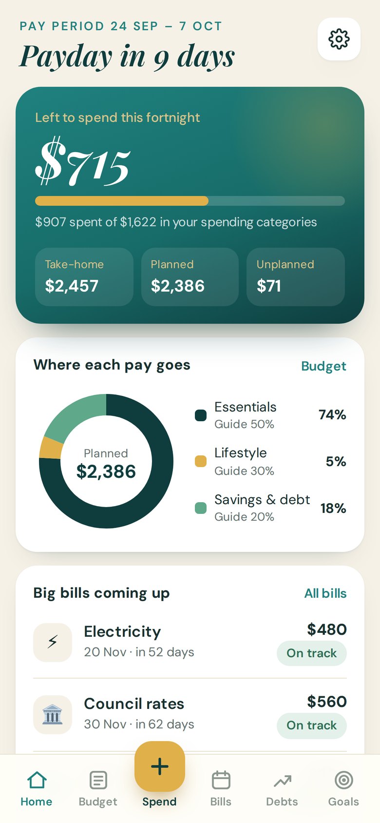 The app's home screen showing what's left to spend this pay